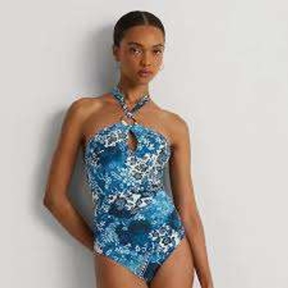 NWT Lauren Ralph Lauren One Piece Swimsuit Womens 14 Blue Floral Halter Keyhole